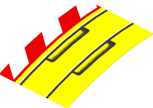 Sticker  2.6 x  3.5 with Black Lines and Rectangles and Red and White Danger Stripes Leaning Right (Formed)