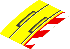 Sticker  2.6 x  3.5 with Black Lines and Rectangles and Red and White Danger Stripes Leaning Left (Formed)