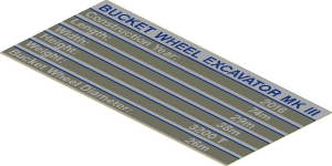 Sticker  2.7 x  5.7 with White "BUCKET WHEEL EXCAVATOR MK III" and Technical Data