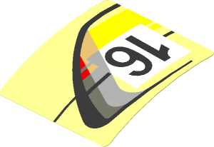 Sticker  1.9 x  1.8 with Door Outline with Black 16 in White Frame with Yellow Stripes on Transparent Background Right (Formed)