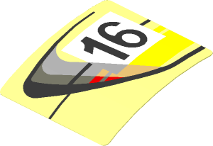 Sticker  1.9 x  1.8 with Door Outline with Black 16 in White Frame with Yellow Stripes on Transparent Background Left (Formed)