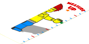 Sticker  5.7 x  1.7 with Red "MEASURE UP", Height Lines and Operator with Shadow on White Background