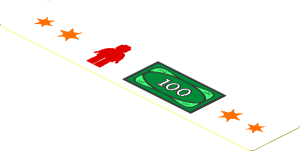 Sticker  0.7 x  3.7 with Orange Stars, Red Minifigure and "100" Money on White Background