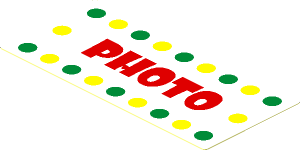 Sticker  1.7 x  3.7 with Yellow and Green Dots and Red "PHOTO" on White Background