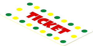Sticker  1.7 x  3.7 with Yellow and Green Dots and Red "TICKET" on White Background