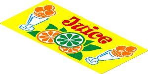 Sticker  1.7 x  3.7 with Red "Juice", Ice Creams and Fruit on Yellow Background