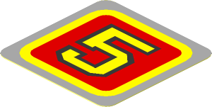 Sticker  1.8 x  1.8 with Yellow "5" on Red Panel on Yellow Background
