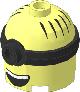 Minifig Head Minion  2 x  2 x  1.667 with Black Mono-Goggles and Black Hair and Open Smile with White Teeth and Pattern