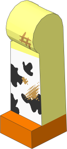 Minifig Leg Left Long with Black and White Chaps and Dark Orange Boots and Dirt Stains Pattern