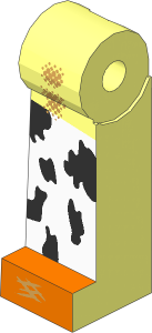 Minifig Leg Right Long with Black and White Chaps and Dark Orange Boots and Dirt Stains Pattern