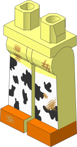 Minifig Hips and Legs Long with Black and White Chaps and Dark Orange Boots and Dirt Stains Pattern