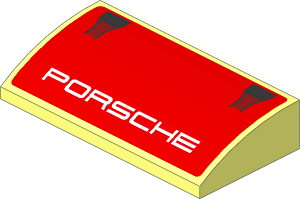 Slope Brick Curved  2 x  4 with Black Air Vents and White "PORSCHE" Text on Red Background Sticker
