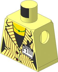 Minifig Torso with Suit Jacket with Dark Red Pinstripes, Metallic Gold Necklace, Black Shirt and Press Badge Pattern
