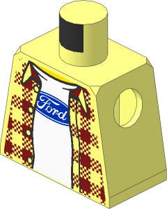 Minifig Torso with Ford Logo on White T-Shirt under Dark Red Tartan Shirt Pattern