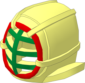 Minifig Kendo Mask with Metallic Gold Grille and Red Trim Pattern