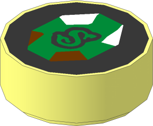 Tile  1 x  1 Round with Green Letter S Snake on Gold Jewel Pattern