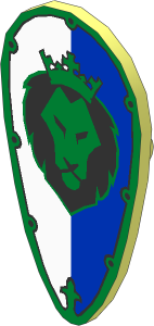 Minifig Shield Ovoid with Gold Lion Head on Blue and White Pattern