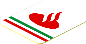 Sticker  0.9 x  0.8 with Red Santander Logo and Tricolor Stripe on White Background