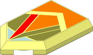 Tile  3 x  2 with Angled End with Dark Orange, Olive Green, Nougat, and Sand Blue Pattern