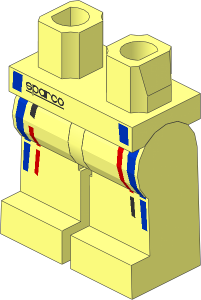 Minifig Hips and Legs with Black Sparco Logo and Black, Blue and Red Stripes Pattern