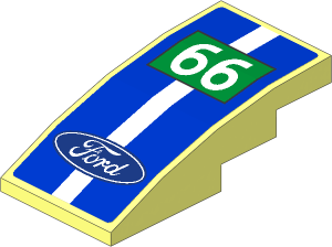 Slope Brick Curved  4 x  2 with Ford Logo and  White Number 66 in Green Rectangle on Blue Background Sticker