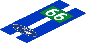 Sticker  4.0 x  1.8 with Ford Logo and  White Number 66 in Green Rectangle on Blue Background