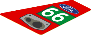Sticker  2.2 x  1.7 with Ford Logo, Grey Exhaust Pipes and White Number 66 in Green Rectangle on Red Background Left