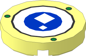 Tile  2 x  2 Round with Three Metallic Gold Discs within Black Rings and Two White Squares within Blue Disc and Black and White Rings Pattern