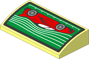 Slope Brick Curved  2 x  4 with Red Car and White Stripes on Black and Green Background Sticker
