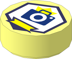 Tile  1 x  1 Round with Dark Blue Camera and Yellow Ribbon in Coral Hexagon Pattern
