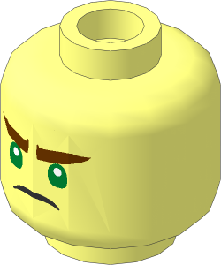 Minifig Head with Green Eyes, White Pupils, Reddish Brown Eyebrows and Scowl Pattern
