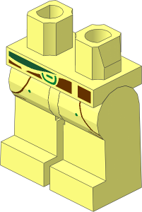 Minifig Hips and Legs with Dark Green Shirt Tail, Reddish Brown Belt and Pockets, Metallic Gold Buckle and Rivets Pattern