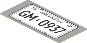 Sticker  1.9 x  3.9 with White License Plate and Black "19 MICHIGAN 61" and "GM - 0937" on Light Bluish Grey Background