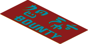 Sticker  1.7 x  3.7 with Pearl Gold Ninjago Logogram and "BOUNTY" on Dark Red Background