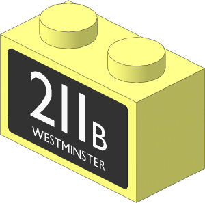 Brick  1 x  2 with White "211B WESTMINSTER" on Black Background Sticker