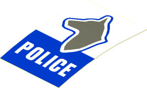 Sticker  2.9 x  1.9 with Dog Head and White "POLICE" on Blue Background (Formed)