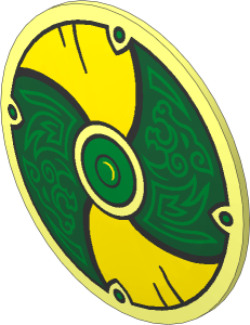 Minifig Shield Round Bowed with Yellow and Dark Green Panels with Gold Dragon Pattern