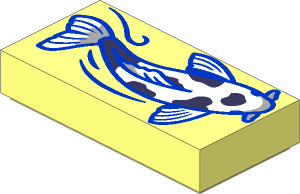 Tile  1 x  2 with White Koi Fish with Coral and Light Bluish Grey Spots and Blue Outlines Pattern