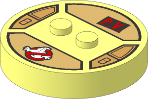 ~Electric Brick  4 x  4 x  0.667 Round - Top with  2 Studs with Ghostbusters Logo and "P.V." Pattern