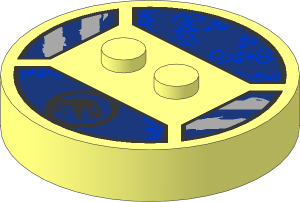 ~Electric Brick  4 x  4 x  0.667 Round - Top with  2 Studs with Silver Jurassic World Logo and Blue Hexagons on Dark Blue Background Pattern
