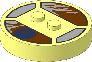 Brick  4 x  4 x  0.667 Round with RFID Tag and  2 Studs with Silver Jurassic World Logo on Brown and Grey Pattern