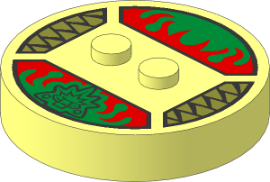 ~Electric Brick  4 x  4 x  0.667 Round - Top with  2 Studs with Golden Crocodile Head and Red Flames Pattern
