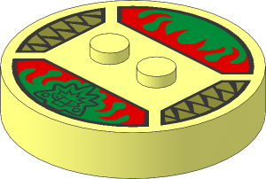 Brick  4 x  4 x  0.667 Round with RFID Tag and  2 Studs with Golden Crocodile Head and Red Flames Pattern