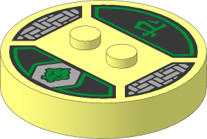 ~Electric Brick  4 x  4 x  0.667 Round - Top with  2 Studs with Gold Gorilla Head and Ninjago Logogram "Earth" Pattern