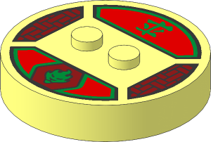 Brick  4 x  4 x  0.667 Round with RFID Tag and  2 Studs with Gold Lion Head and Ninjago Logogram "Fire" Pattern