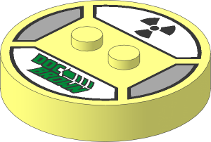 ~Electric Brick  4 x  4 x  0.667 Round - Top with  2 Studs with Gold "Doc Brown" and Black Radiation Symbol Pattern