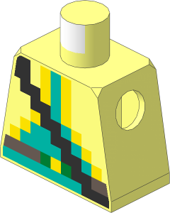 Minifig Torso with Pixelated Metallic Silver Strap over Vest with Yellow Trim, Dark Turquoise Shirt and Dark Brown Belt Pattern