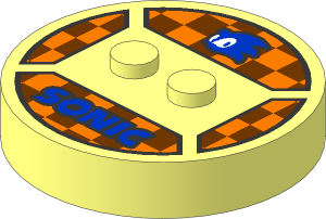 ~Electric Brick  4 x  4 x  0.667 Round - Top with  2 Studs with Blue Sonic Head, Blue "SONIC" and Checkered Background Pattern