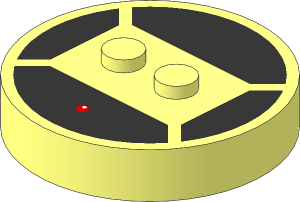 Brick  4 x  4 x  0.667 Round with RFID Tag and  2 Studs with Silver Armour Plating Pattern, Stylized "C" and Gear Pattern