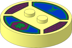 Brick  4 x  4 x  0.667 Round with RFID Tag and  2 Studs with Gold Octopus and Ninjago Logogram "Lightning" Pattern